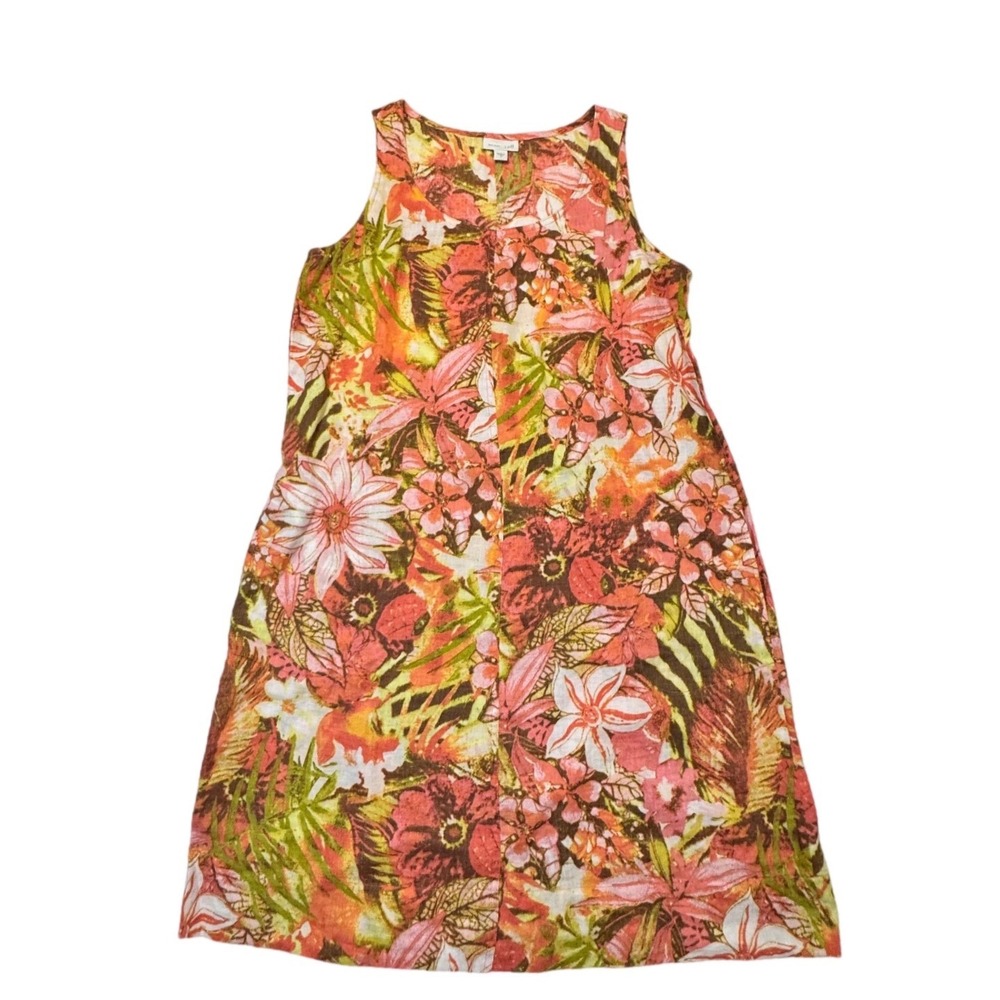 J. Jill 100% Linen Tropical Floral Dress Pockets Orange Small Summer Vacation - Picture 1 of 6